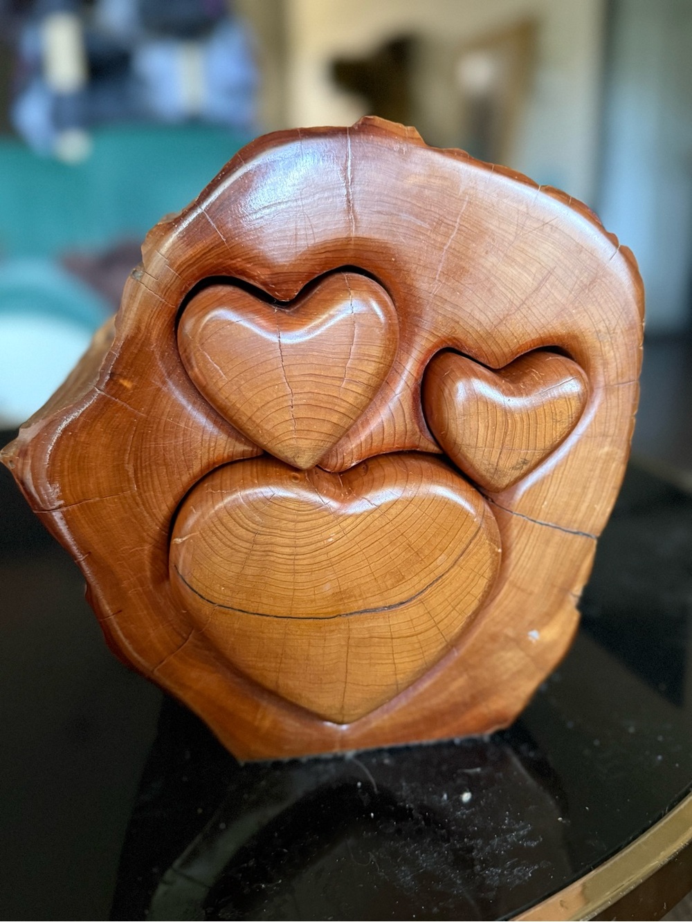 Hand-Carved Cedar Heart Trio jewelry box - Brown